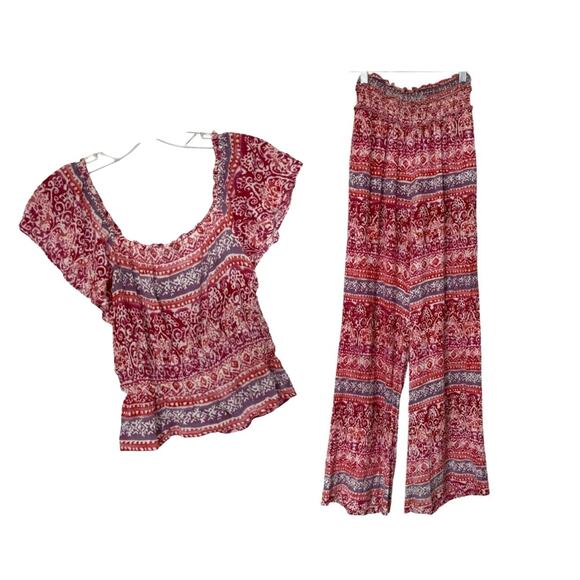 Aqua Set - Top & Wide Leg Pants Smocked Palazzo Pants Boho Hippie Womens Size XS - Picture 2 of 15